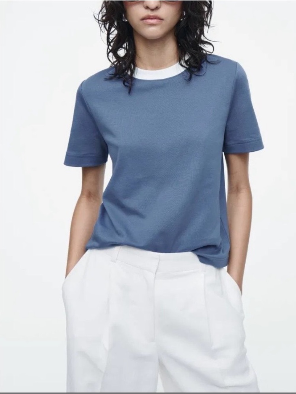 COS Clean Cut Tee Small Blue White Organic Cotton Ringer